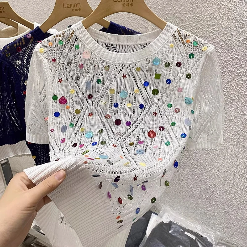 

Summer Sexy Hollow Sequin Knitting Top Women's 2024 New High Quality Korean Loose Commuter Short Sleeve T-Shirt Trend