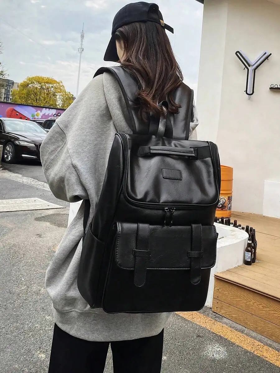 Large Capacity Classic Medium Classic Backpack Patch Decor Minimalist Black For Women,Rookies & White-Collar Workers Perfect For