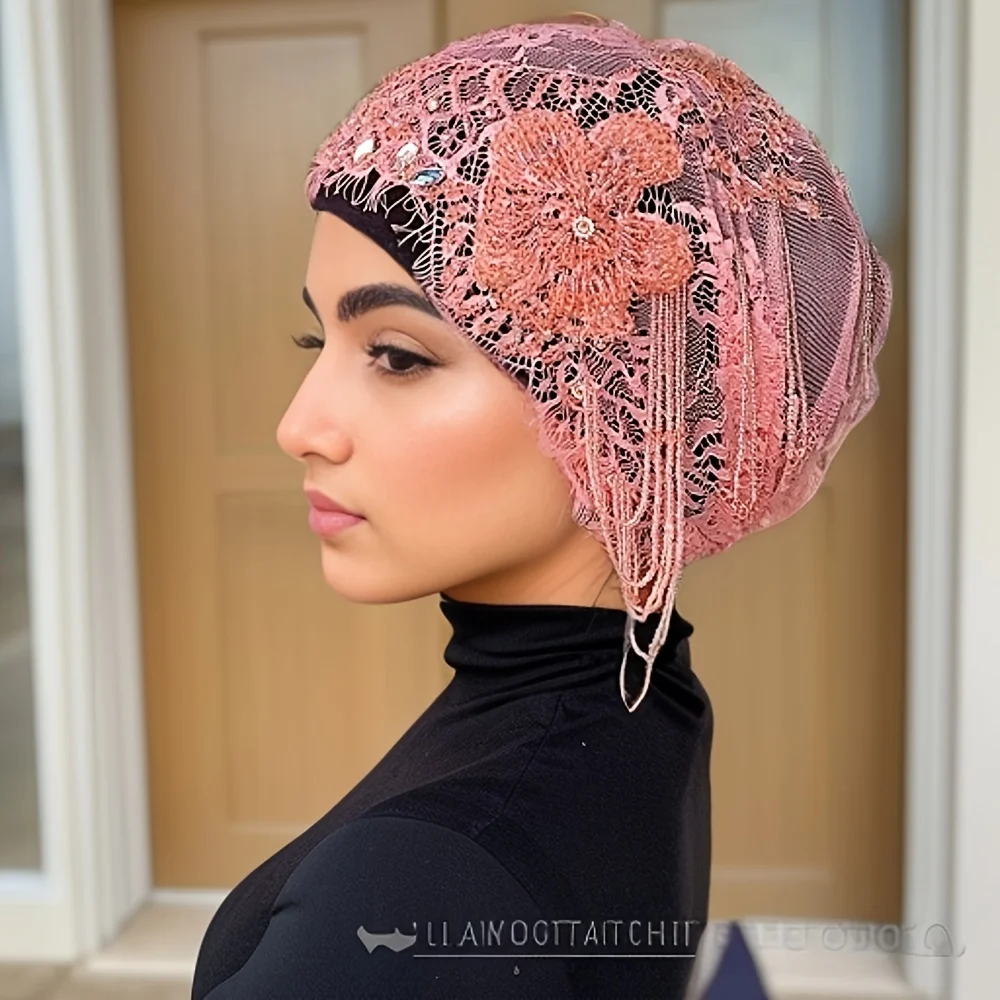 New Hair Covering Cap with Ethnic Style Lace Flower High end Design Hair Hat Indian Fashion Hat Muslim Chemotherapy Hat