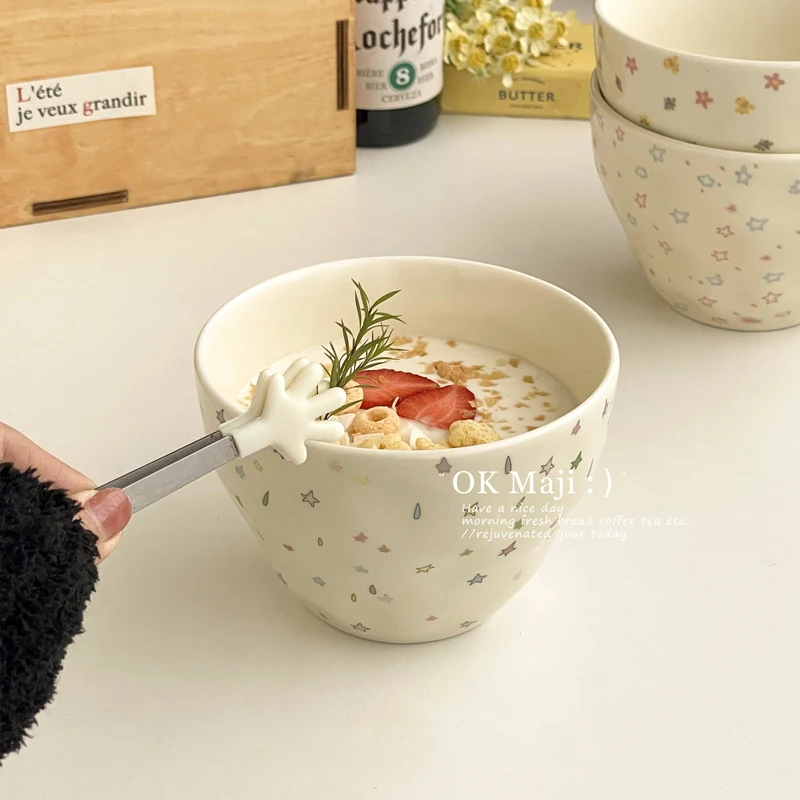 Floral Print Ceramic Bowls Household 5.5 Inch High Temperature Applique Craft High Aesthetic Tableware Breakfast Oats Bowl