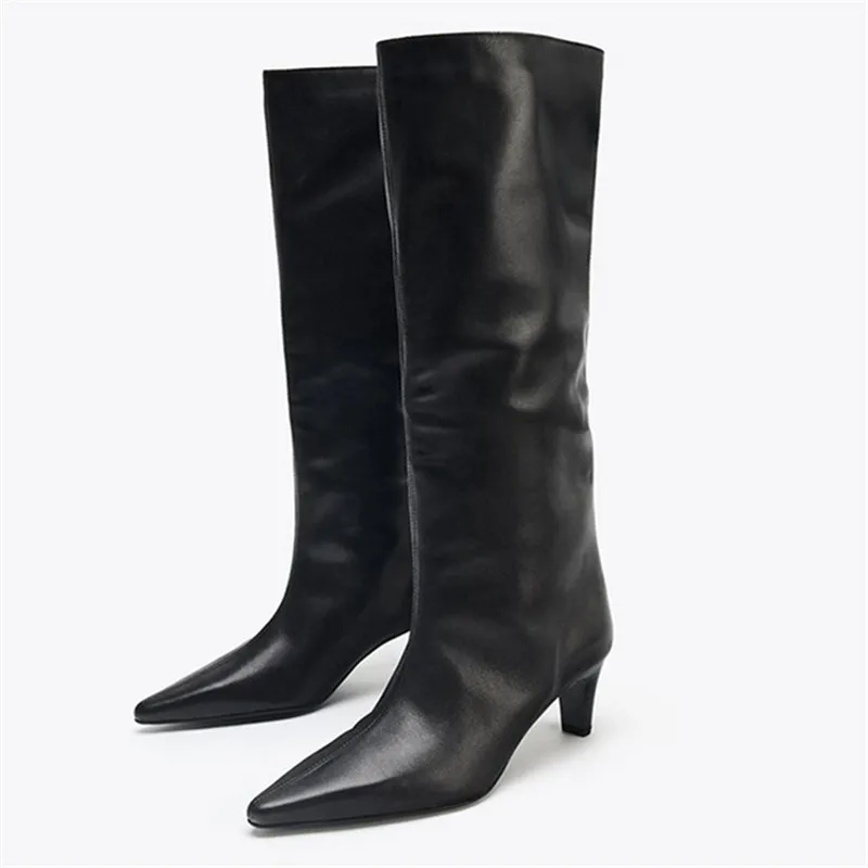 

Concise Women Mid-calf Boots for Woman's Pointed Toe Low Heels Slip-On Splice High Heeled Shoes Fashion Ladies Suede Warm Boots