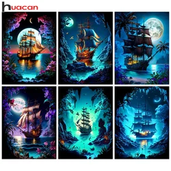 Huacan Diamond Mosaic Landscape Sailboat Full Square Round Diamond Embroidery Moon Decorative Paintings Set Rhinestone Pictures