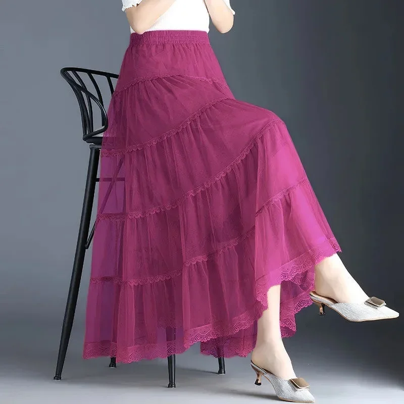 Pop Pop Long Tulle Skirt Women 2024 Spring Summer Elastic High Waist A-Line Mesh Pleated Puffy Skirt Female Elegant Lace Midi Sk