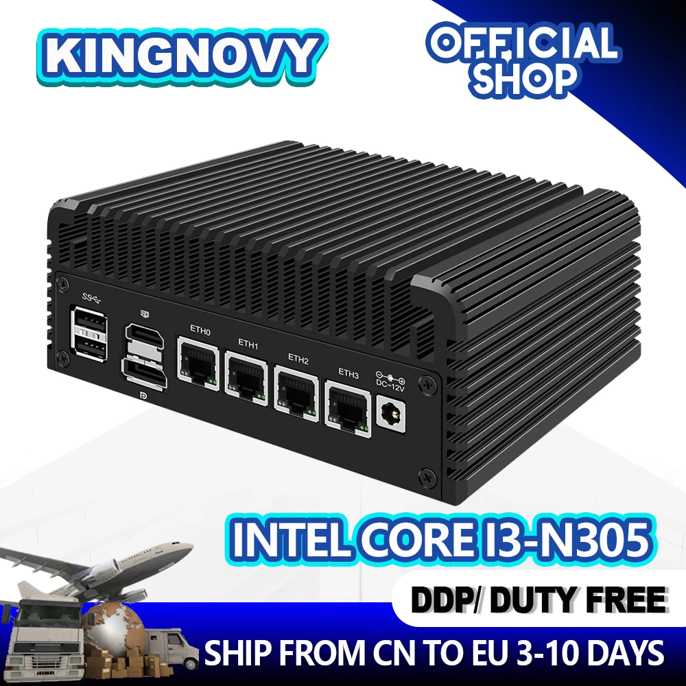 

KingnovyPC Firewall Micro Appliance 4 Port i226 2.5GbE LAN Fanless Mini PC i3 N305 N200 DDR5 4800MHz AES-NI VPN Router Openwrt