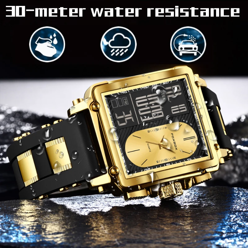 FOXBOX Men Watch Luxury Waterproof Quartz Wristwatch Luminous Date Week Sports Silicone Clock Man Watches Relogios Masculino+Box