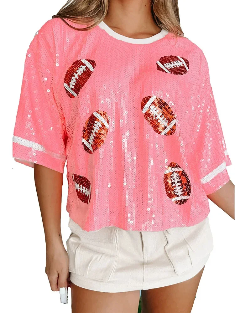 بلوفر نسائي صيفي أنيق لامع مزين بالترتر تي شيرت فضفاض برقبة دائرية 2025 ملابس غير رسمية مطبوعة بنصف كم ملابس خروج Blusa