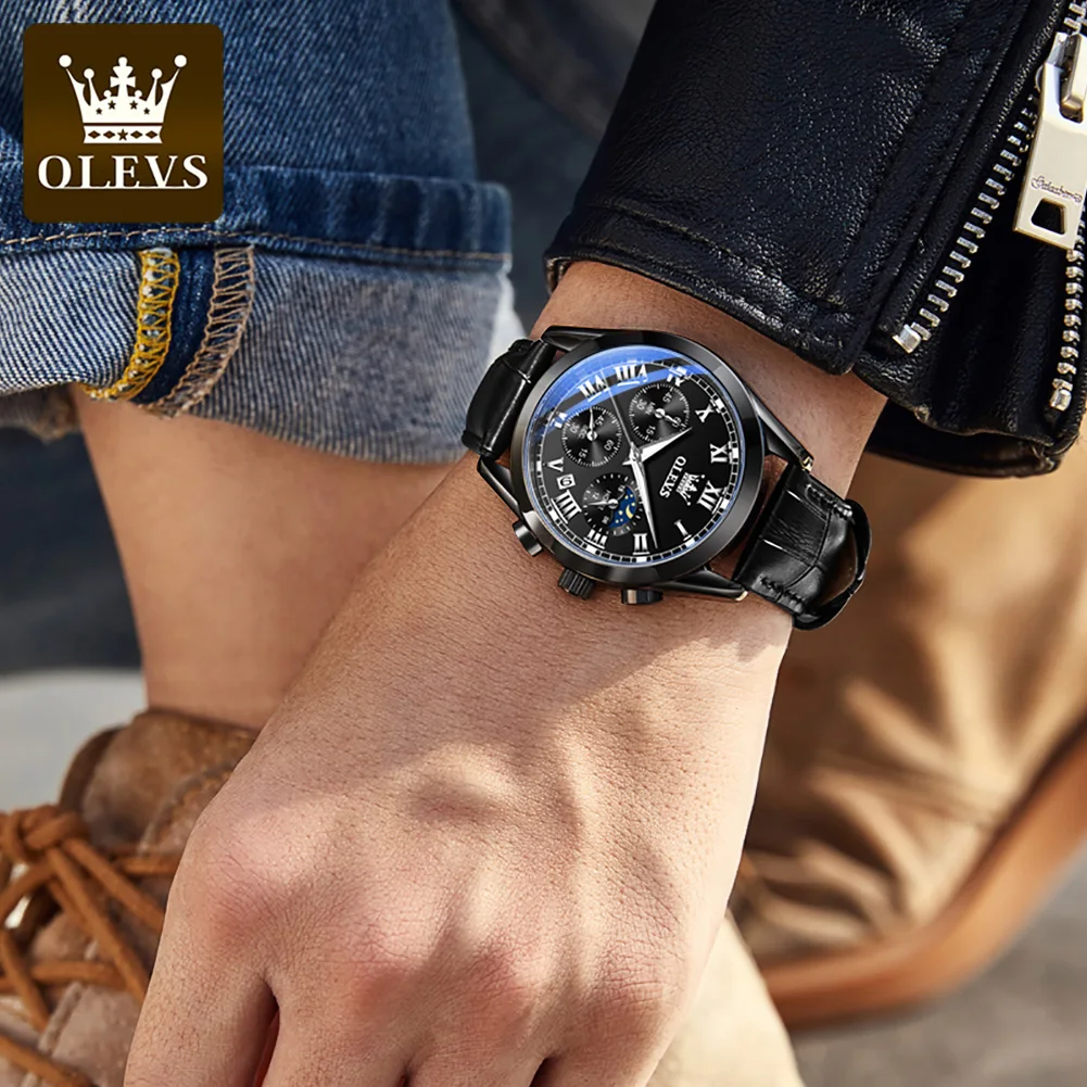 OLEVS 2871 Men Watches Brown Leather Top Brand Luxury Date Waterproof Luminous Chronograph Quartz Watch Men Relogio Masculino