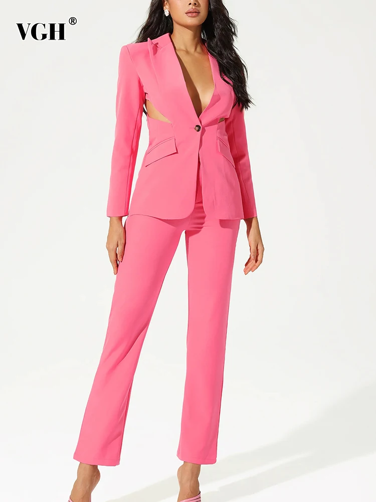 

VGH Solid Two Piece Set For Women Notched Collar Long Sleeve Hollow Out Blazer High Waist Straight Loose Pant Casual Sets Female