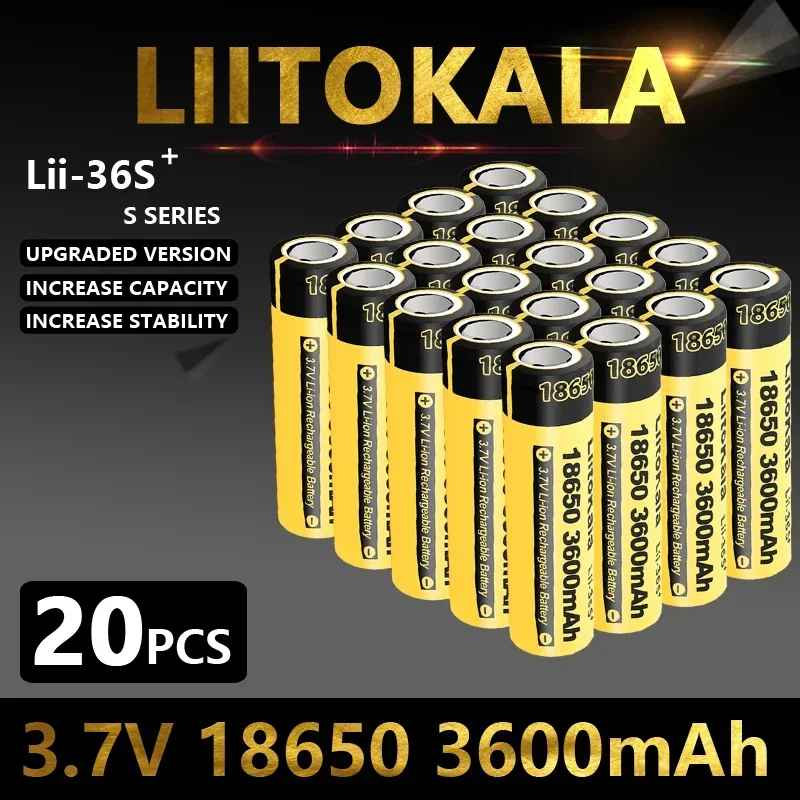 LiitoKala Lii-36S 18650, 3600mAh, 3.7V 리튬 이온 충전식 배터리, 10A 리튬 배터리, 깜박이는 빛 베이핑용 하이 드레인, 20 개