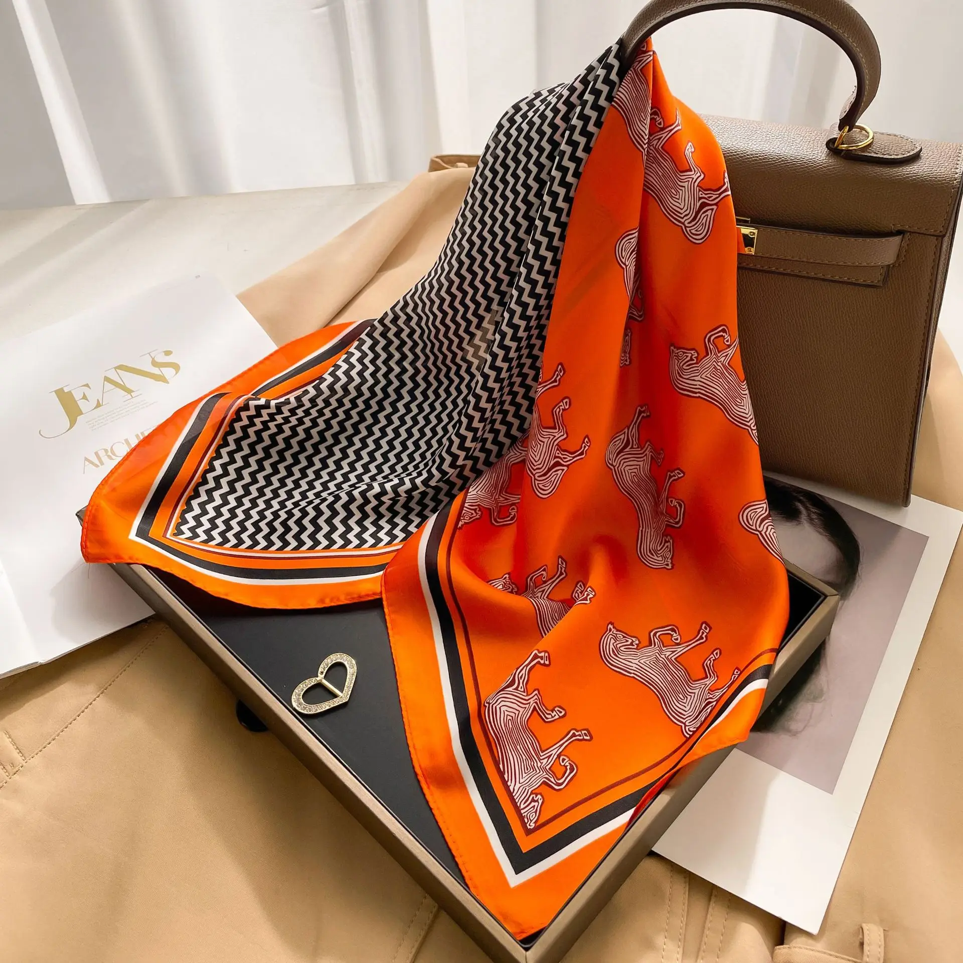 Elegant Orange Horse Print Silk Square Scarf Women Soft Satin Hairband Neckerchief Office Hijab Headband Foulard