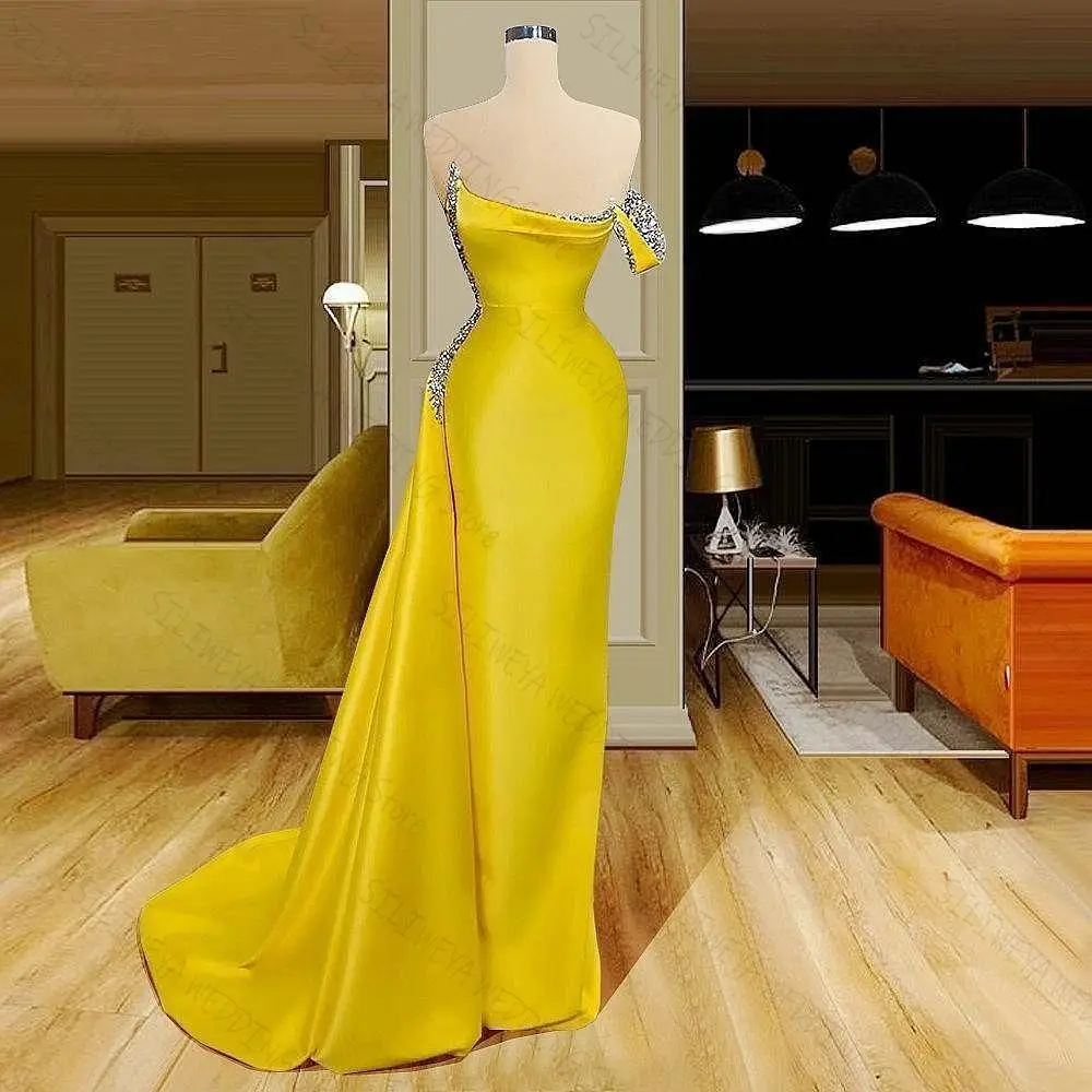 

New Arrival Yellow Mermaid Evening Dresses With Beads Train Satin Fashion Formal Party Prom Gown