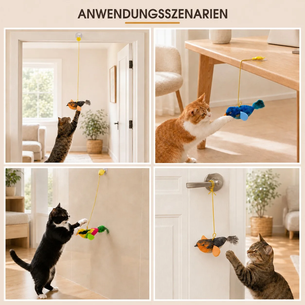 Interaktives hängendes Katzenspielzeug Vogel-Teaser mit elastischem Seil, Sound und Katzenminze, wandmontiertes Indoor-Spielzeug für Katzen und Kätzchen zum Jagen und Spielen – Detail 7