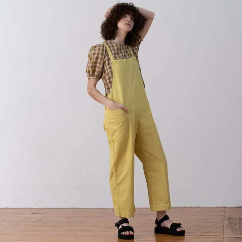 

YUTU&MM Homemade Lemon Yellow Cotton Street Style Jumpsuit overalls Trousers Multi Pocket Shirt Collar Cargo Pants