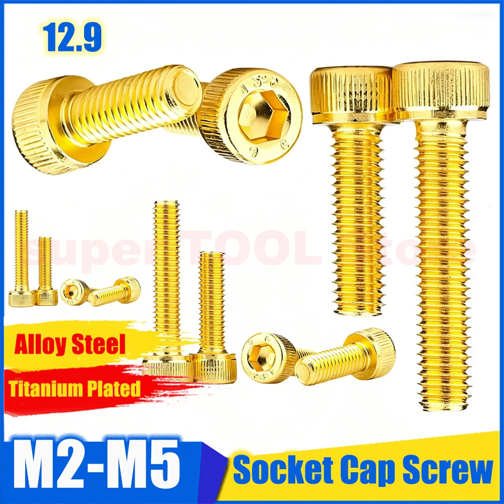 Grade 12.9 High Strength Titanium Gold Plated Hex Socket Cap Screw M2 M2.5 M3 M4 M5 Golden Cup Head Cylinder Bolt Alloy Steel