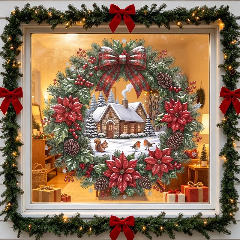 Christmas Wreath Window Cling Static Window Sticker Poinsettia Holly Glass Decal Removable Holiday Home Decoration