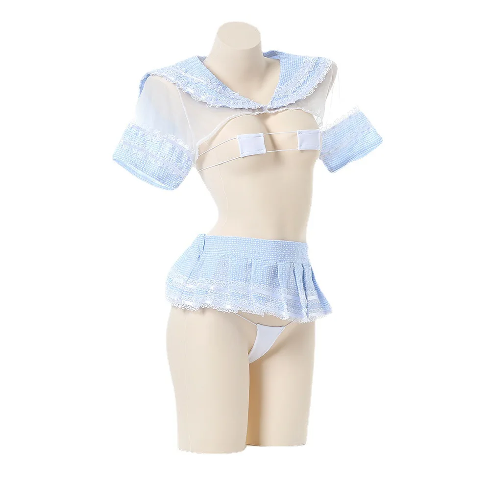 Cute Girl Anime Lace Ruffle Sailor Crop Tops Mini Plaid Skirt Cosplay Lingerie Student Lolita Japanese School Uniform Dress