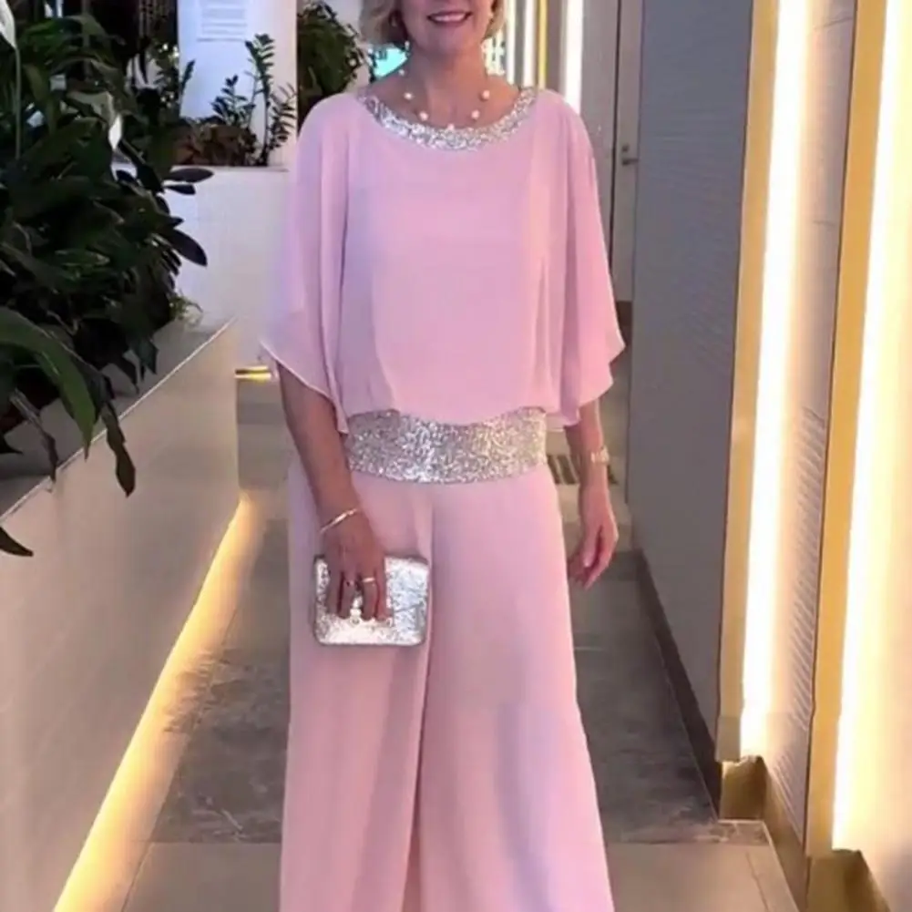 Conjunto de roupas femininas Glitter Patchwork Chiffon, tops casuais com o pescoço, manga Batwing, calças de perna larga, 2 peças