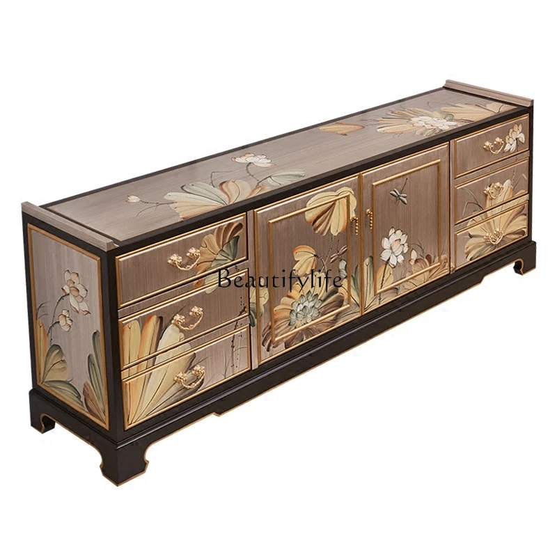 

New Chinese-style high-end villa living room solid wood with drawers vertical TV floor cabinet
