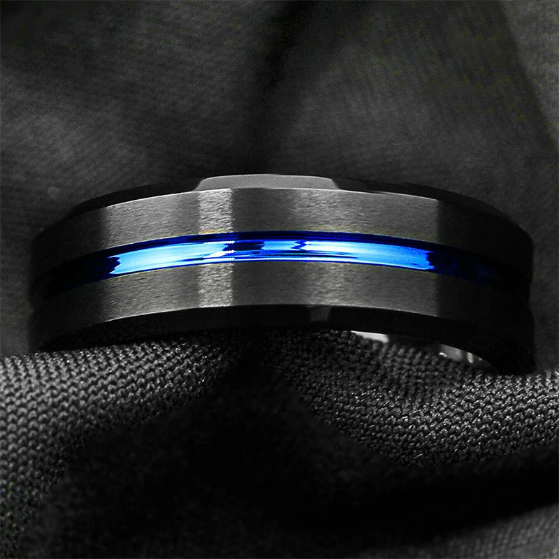 

Men's Wedding Engagement Stainless Steel Ring 8MM Double Bevel Blue Room Fashion High Quality Charm Jewelry Accessories Gift