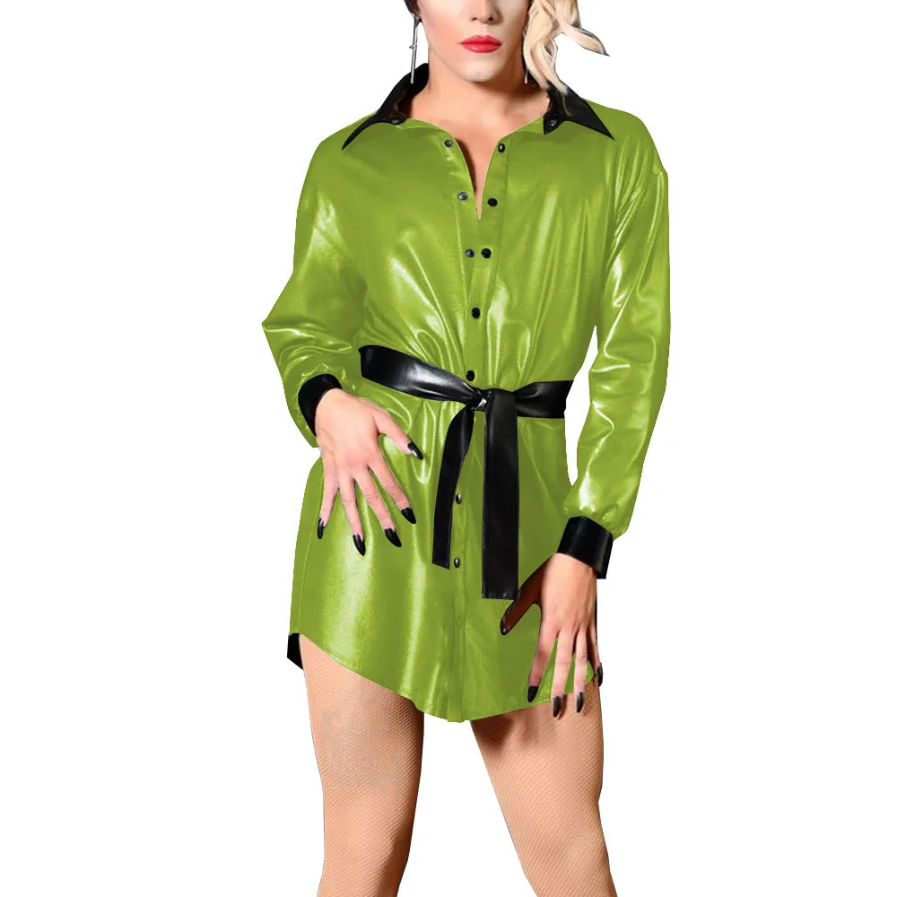 Plus size feminino camisa vestido turn-down colarinho botão encerramento frente mini vestido senhoras manga longa brilhante metálico boate vestido