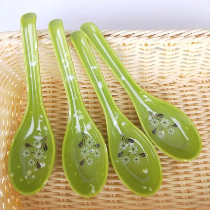 

5/10pcs Break-resistant Melamine Spoon Thickened Flower Soup Spoons With Hook Portable Long Handle Plastic Food Tableware Green