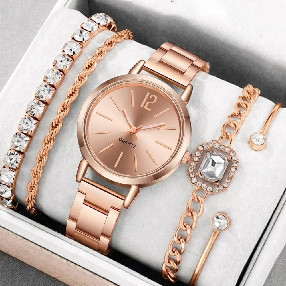 5Pcs/Set Unisex Jewelry Watches Women's Wristwatch Accessories Rose Gold Trendy Fashionable Elegant Classic Exquisite Light Luxury Simple Rhinestone Luxury Quartz Watch Set Y2K Suitable for Travel, Vacation, Parties, Daily Outfits, Perfect Holiday Gift
