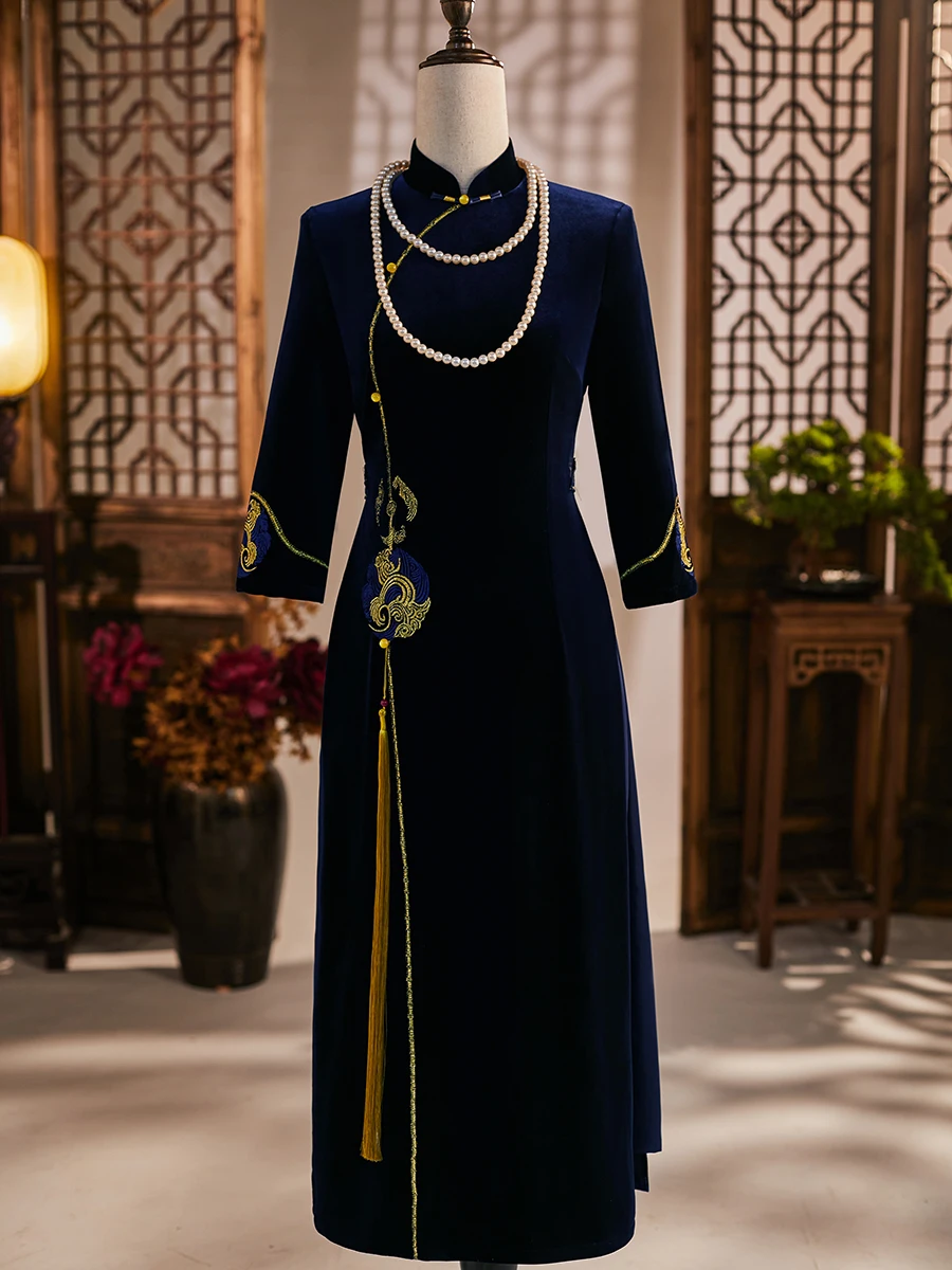 

Deep Blue Wedding Dr Velvet Material Long Sve Women's Faion Retro Sle Chinese Sle Polyester Fiber