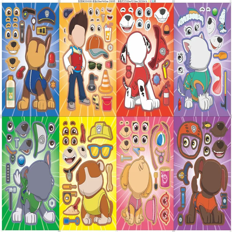 8/16Sheets Anime Paw Patrol Puzzle Stickers Make-a-Face Assemble Funny Cartoon Decal Assemble Jigsaw Party Favors Decorations