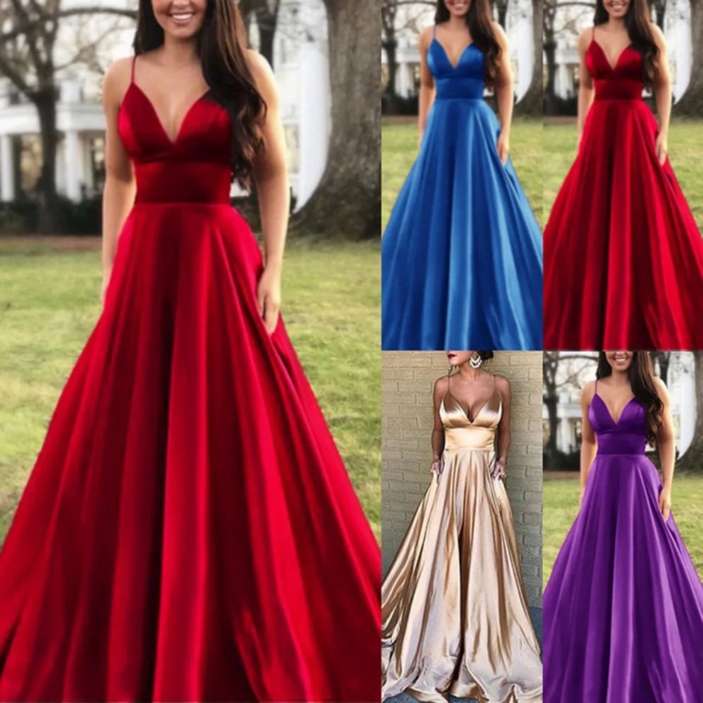 

Women's Stain Prom Dresses Sexy V-neck Vestidos Solid Color Dress Strap Evening Dress