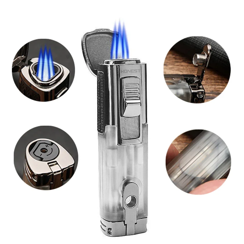 HONEST New Metal Transparent Three Flame Turbo Direct Charge Blue Fire Windproof Cigar Inflatable Lighter Accessories Tool Gift