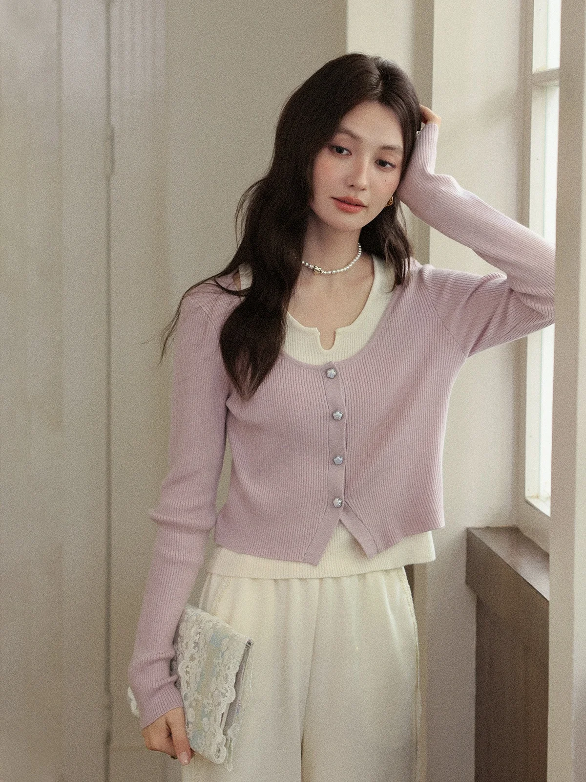 

Loose Fit Long Sve Knitted Sweater Women's Purple Lazy Sle Top Ladies Regular Cut Button Detail Fake Two-Piece irt