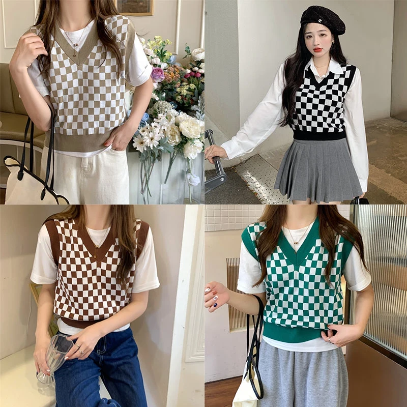 Women Knit Sweater Vest Sleeveless Loose Plaid V-Neck Streetwar Tank Top Short Length Streetwear Knitted College Style Pullover