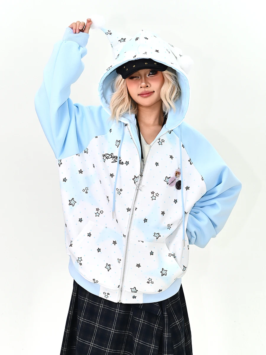 

Корейская свободная женская толстовка-кардиган с принтом звезд, весенняя новинка, комфортная, для расслабленного образа, уличная мода, длинный рукав