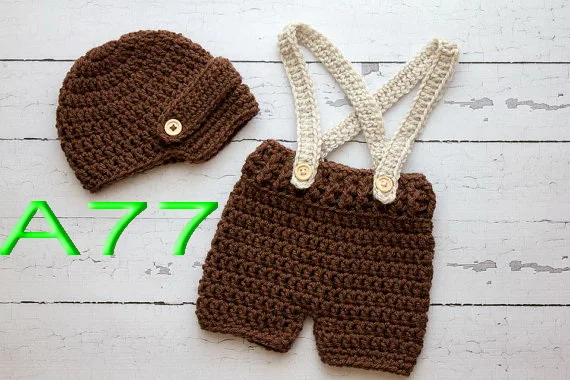 Special clearance - Baby Boys pure hand-crocheted Newsboy Hat + Suspenders Shorts 2pcs/set for Newborn Photo Prop 0-3Month