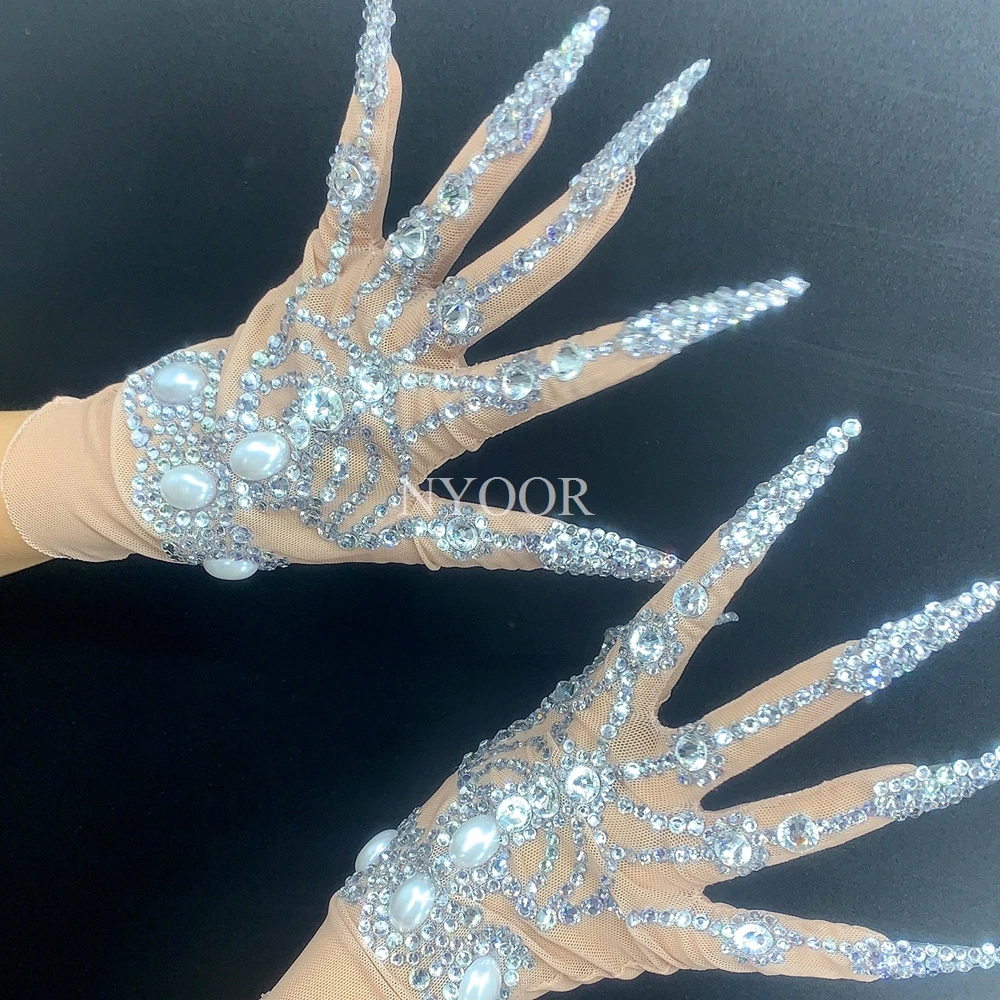 Luxurious Crystals Pearls Gloves Women Sparkly Crystal short Gloves Dancer Singer Nightclub Stage Performance Show Accessories