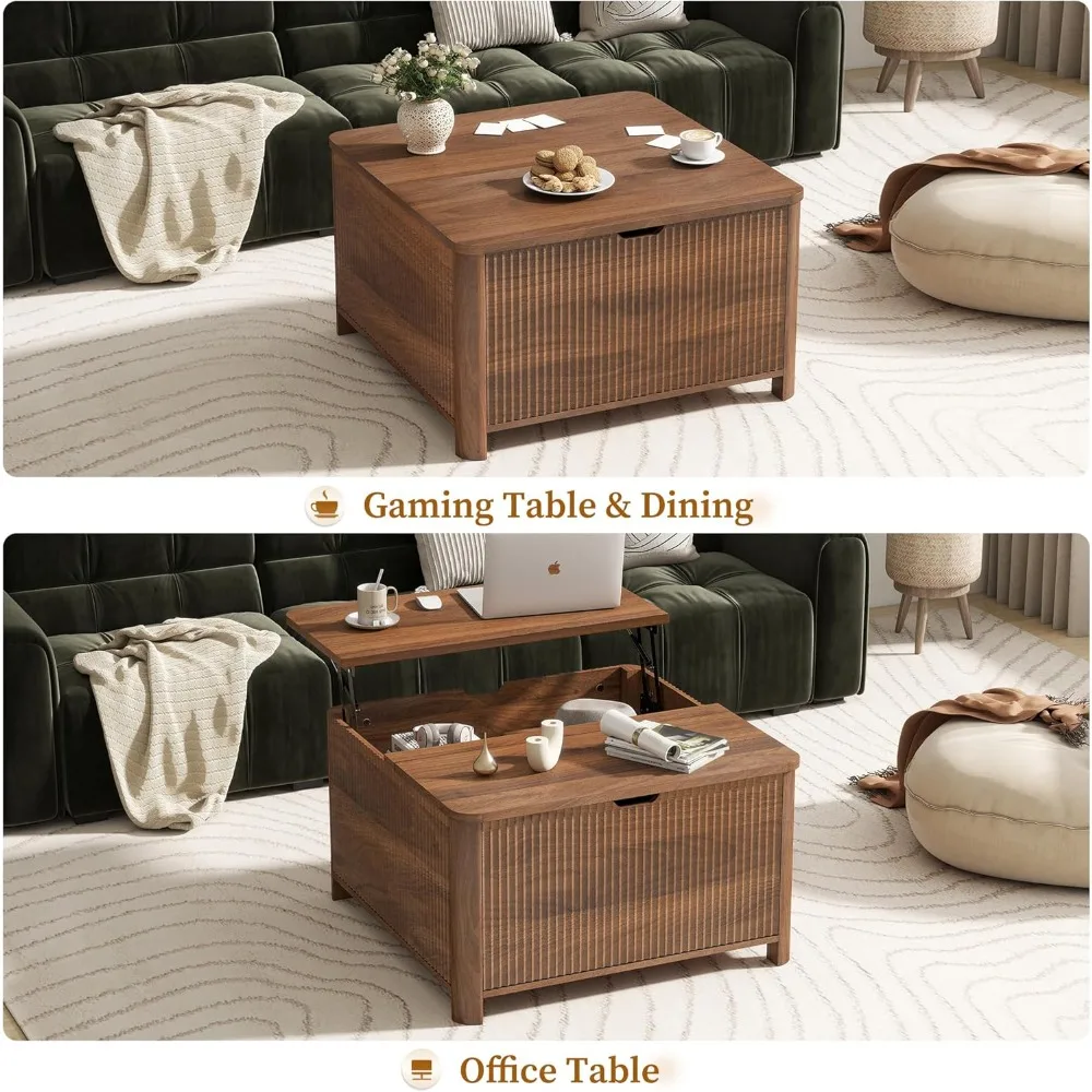 31.5 Fluted Lift Top Coffee Table with Storage, Square Coffee Tables for Living Room, Coffee Table