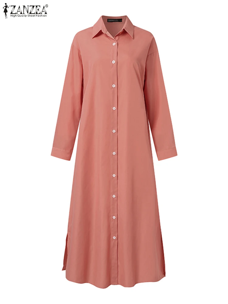 ZANZEA Stylish Women Long Shirt Dress Autumn Lapel Neck Long Sleeve Kaftan Sundress Robe Femme Solid Buttons Down Work Vestidos