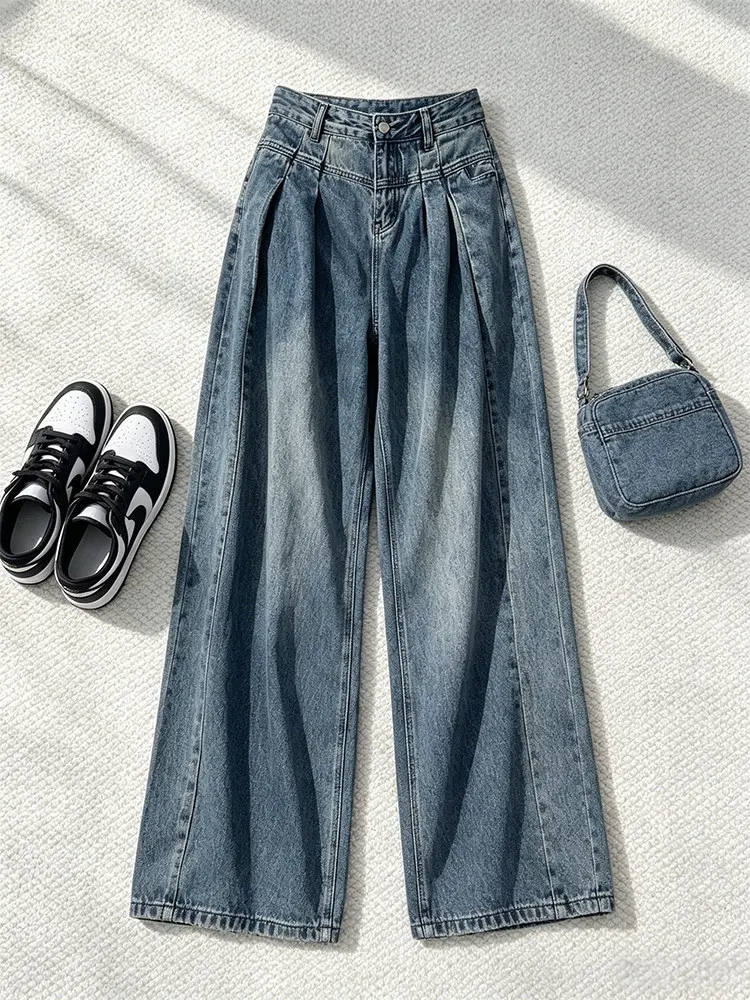 High Waist Wide Leg Denim Pants Women's Korean Style Summer Casual Loose Fitting Trousers Floor Length Casual Jeans