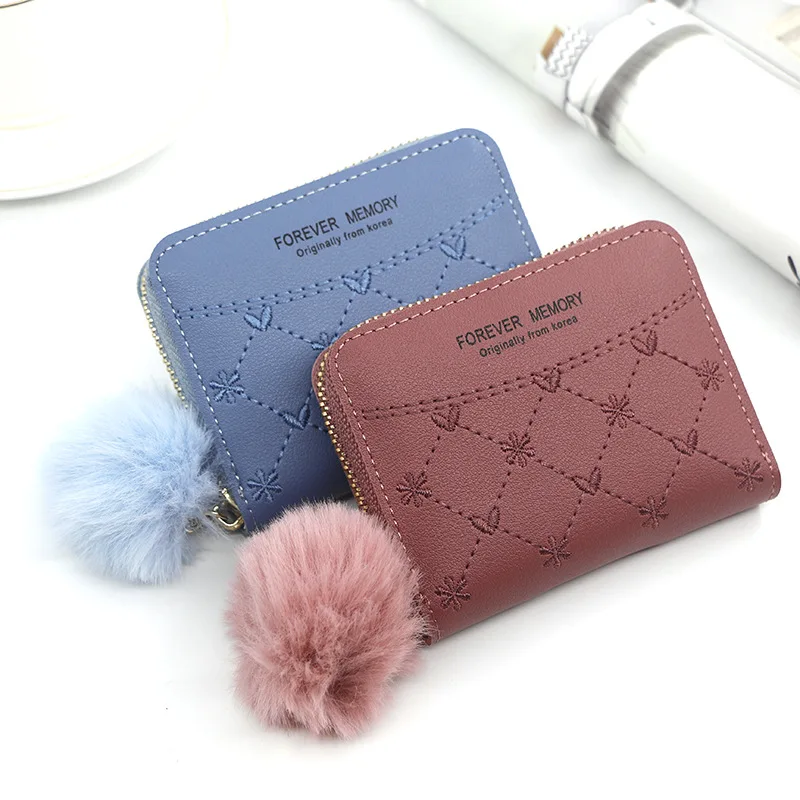 

Simple Women's Short Wallet, Fresh Embroidery, Solid Color Hairball, Trifold Clutch, Card Holder, Coin Purse, Wallet, Wallet