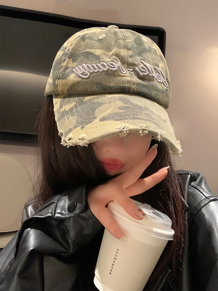 Korean Style Camouflage Letter Embroidery Baseball Cap Women's Autumn Winter Retro All-Match Large Head Circumference Small F...