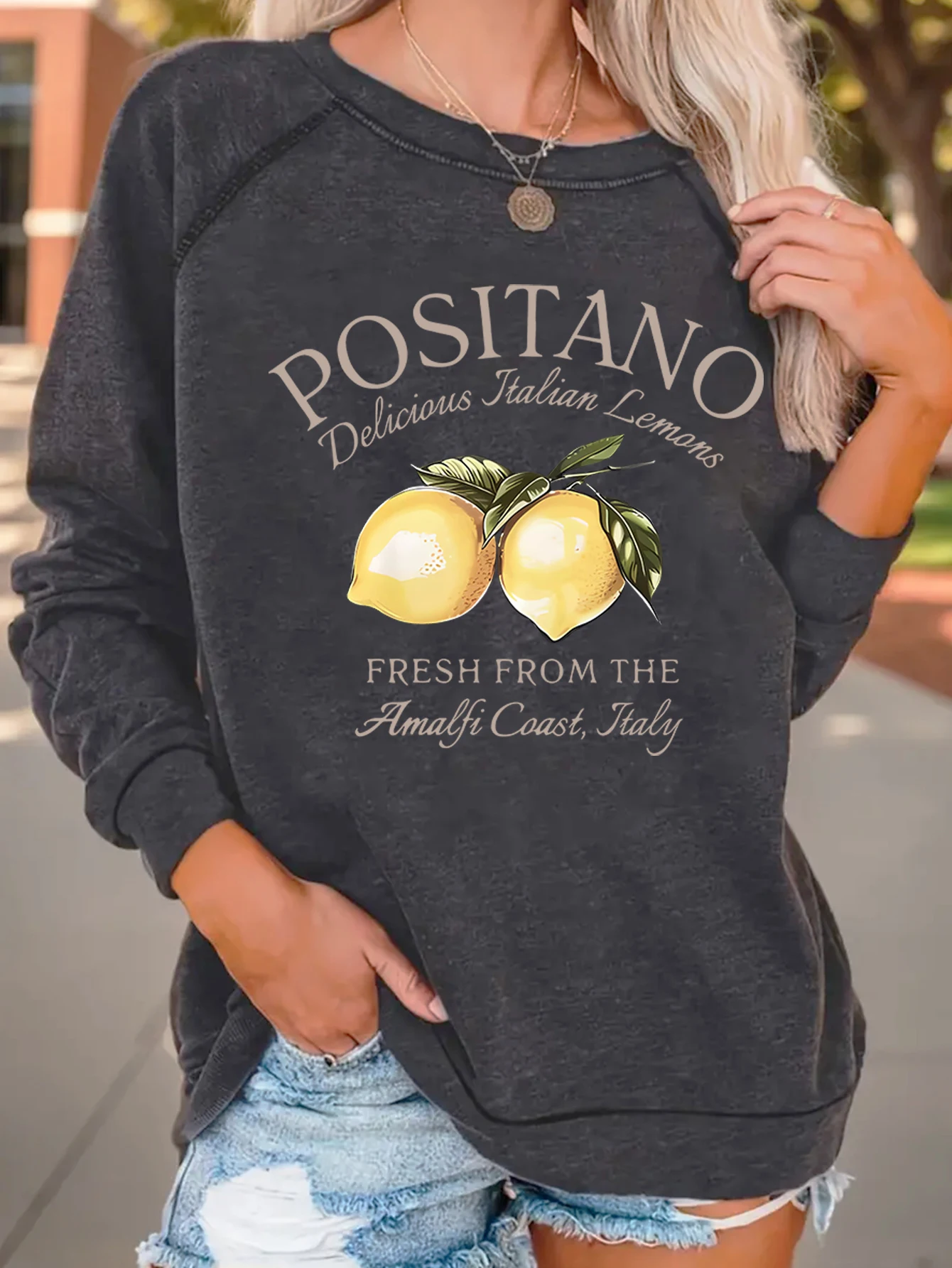 Delicious Italian lemon print sweatshirt Casual crew neck sweatshirt Winter and fall women\'s shoulder hoodies