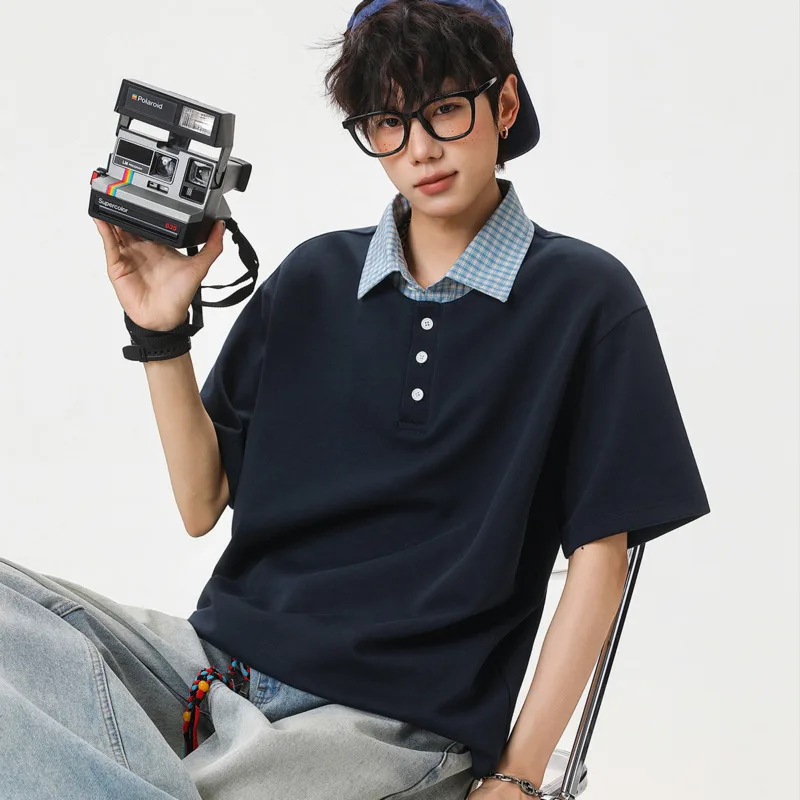 Casual Men's Fake Two-Piece Polo Shirt Plaid Collar Loose Short Sleeve Streetwear Top