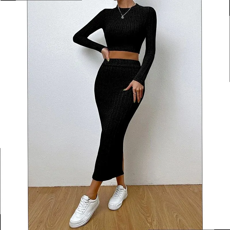 Women's Spring Summer Knit Matching Set Long Sleeve Round Neck Bodycon Dress Pencil Skirt Jumpsuit Playsuit