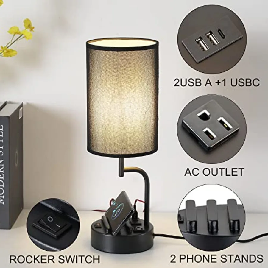 Table Lamp with 3 USB Charging Ports, Modern Desk Lamp with AC Outlet and Phone Stands, Perfect Bedside Lamp for Bedroom, Livin