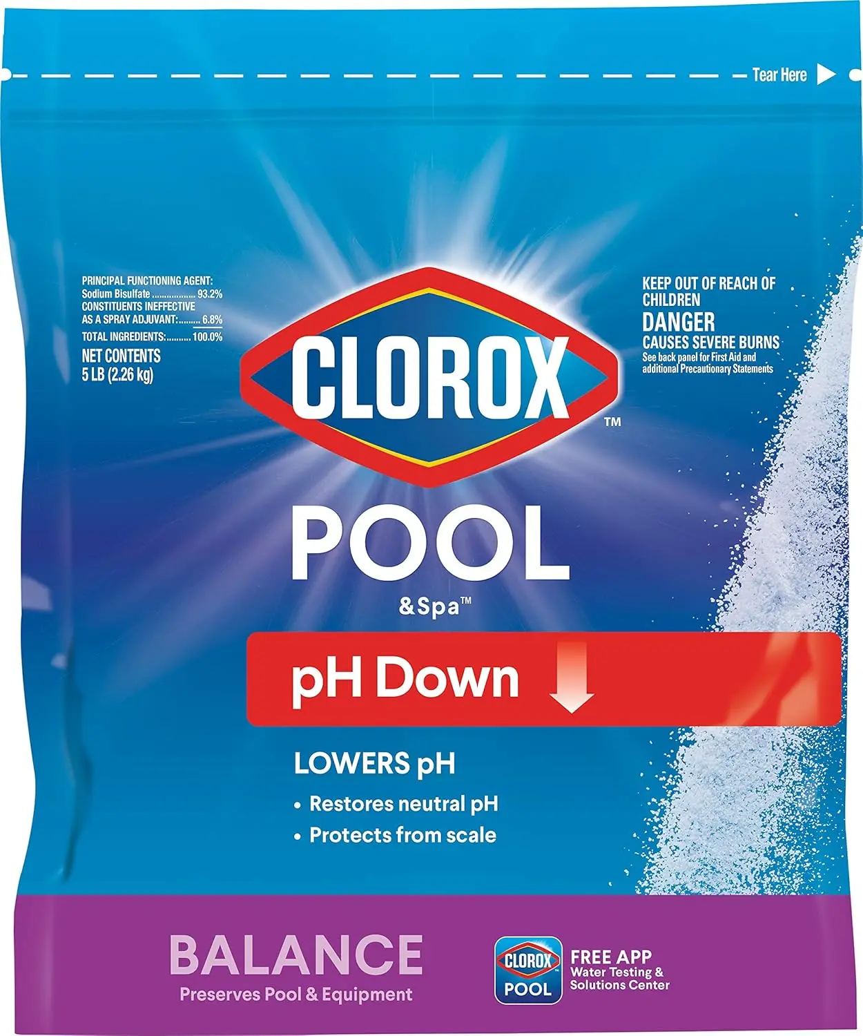 Clorox ® Piscina y Spa ™ Bajador de pH para Piscinas, Reduce el pH, Protege Contra la Irritación de Ojos y Piel, 5LB (Paquete de 1)