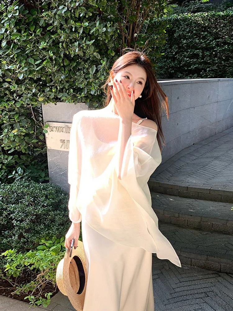 

Chu Qing Independent Gentle Asymmetrical oulder Batwing Sve Women's Autumn Winter Small Design Sense Top Sunade Cover up