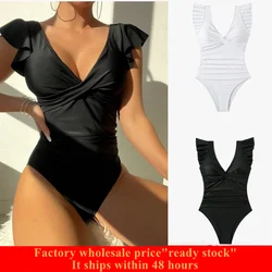 Women's V-Neck One-Piece Swimsuit Ruffle Sleeve V Neck One Piece Bathing Suits Ruffle Sleeve Swimsuits Swimwear