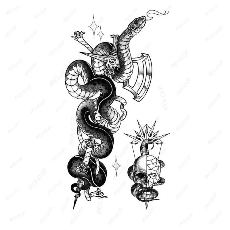 Etiqueta temporária do tatuagem para homens e mulheres, cobra, crânio, machado, impermeável, flash, maquiagem, braço, pescoço, falsificação, arte corporal