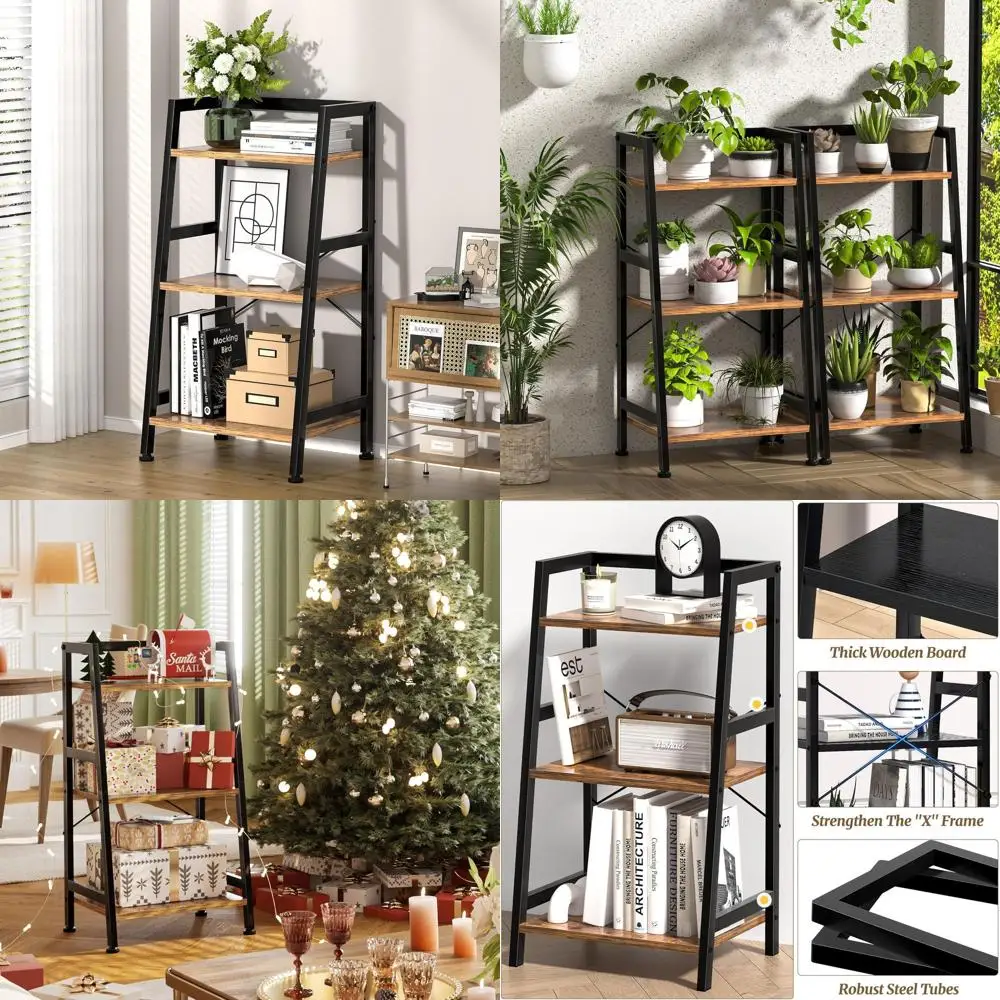 

Industrial-Style 3-Tier Metal Bookshelf with Ladder Design for Home and Office, Rustic Brown & Black