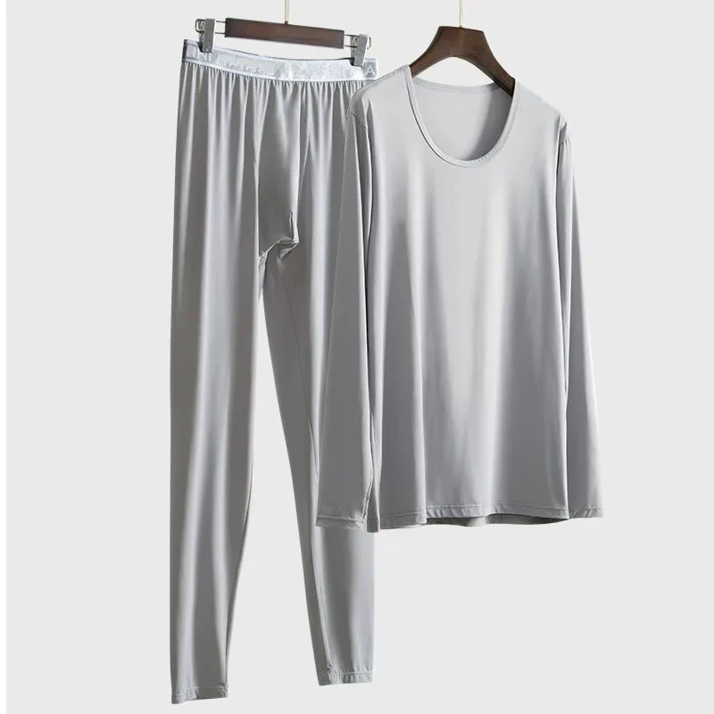 Men Ice Silk Homewear Pajamas Thermal Underwear Set Thin Quick Dry Johns Smooth Sport Base Layer U Pouch Pants Long Sleeve Top